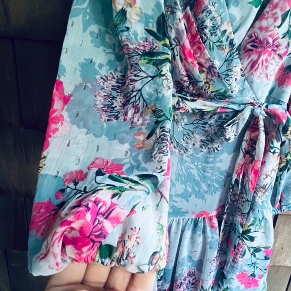 Eliza J Floral Metallic Surplice V Neck Long Sleeve High Low Wrap Maxi Dress 6 - Picture 7 of 16